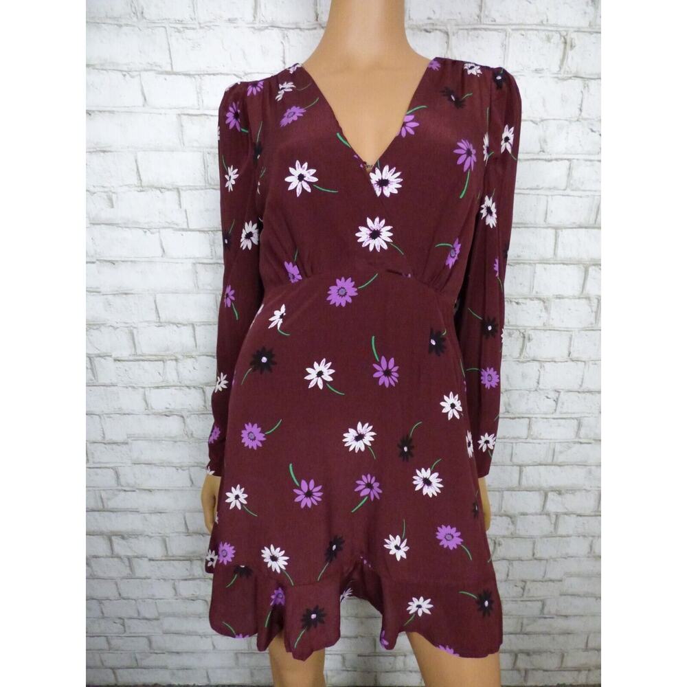 ASTR the Label Burgundy Vneck Floral Long Sleeve Dress Small NEW